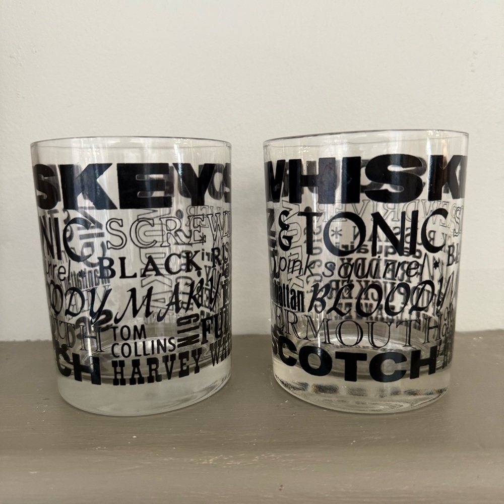 2 Mix Drink Word Collage Old Fashioned Rock Whiskey Glasses Mid Century‎ Barware